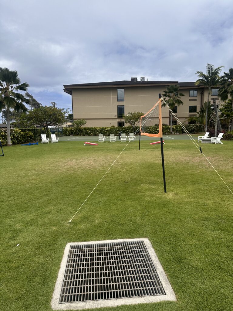 a grass field with a net and a grate in the background