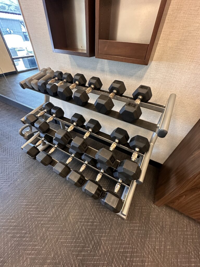 a rack of dumbbells in a room