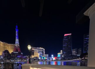 Front Row to the Bellagio Fountains: Prime Steakhouse Review a table and chairs on a balcony overlooking las vegas